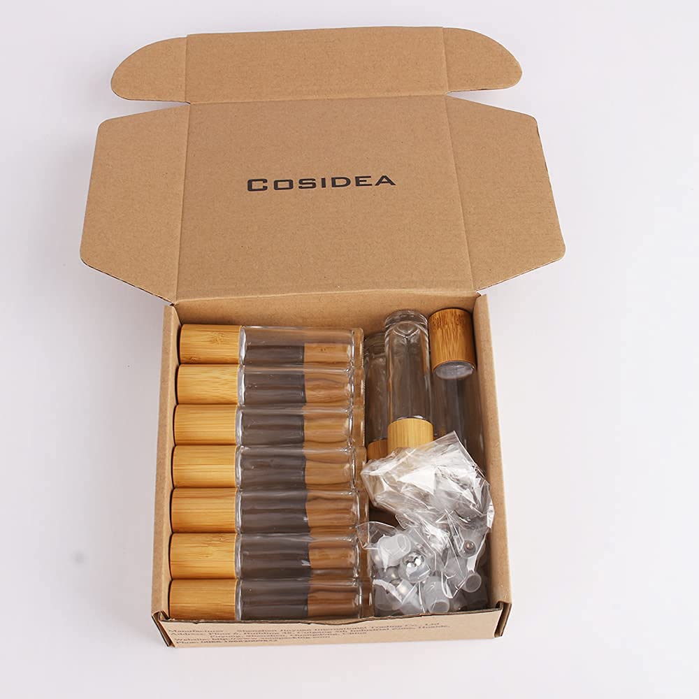 Cosidea 18 Pcs 10Ml Bamboo Roller Bottles With Bamboo Cap For Essential Oils Empty Glass Roll On Perfume Bottle (Clear)